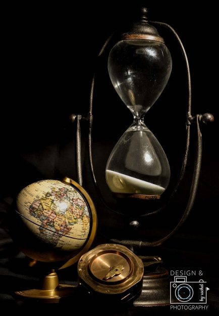 Design and Photography by Rachel - Studio Quality Background Lighting globe, hourglass, and compass composition photograph